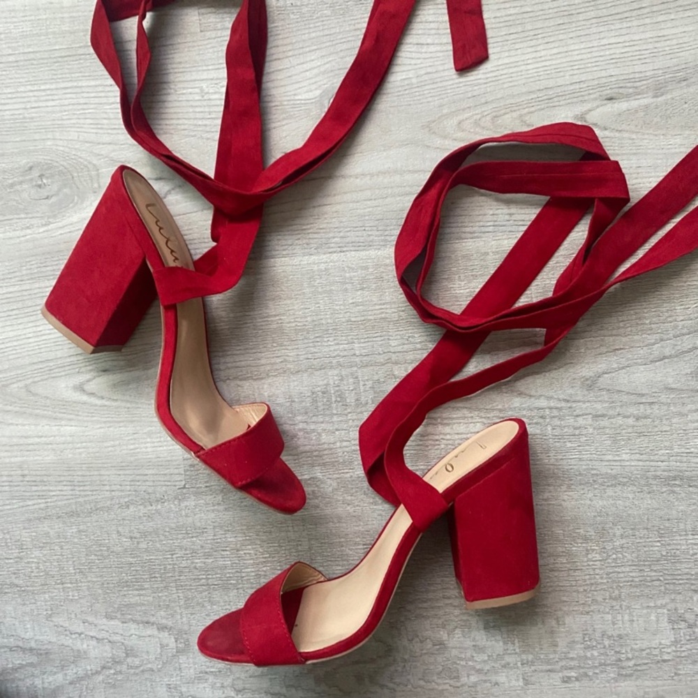 Lulus Alta Dark Red Suede Lace-Up Heels